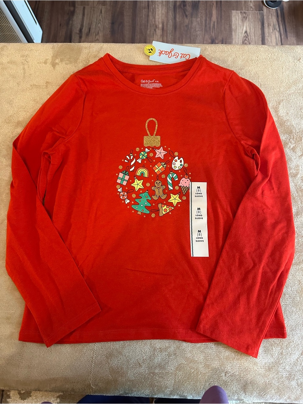 Cat & Jack Red Long-Sleeve Tee with Festive Ornament Graphic